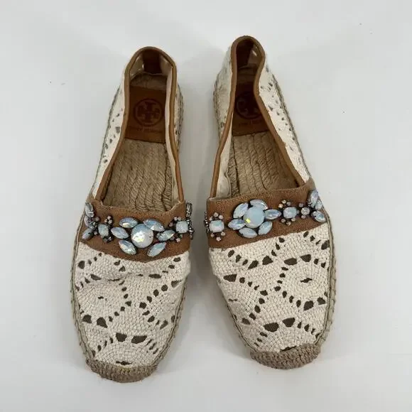 Tory Burch Cream & Tan crochet macrame Espadrilles with Blue Embellishments sz 7 - Picture 8 of 9
